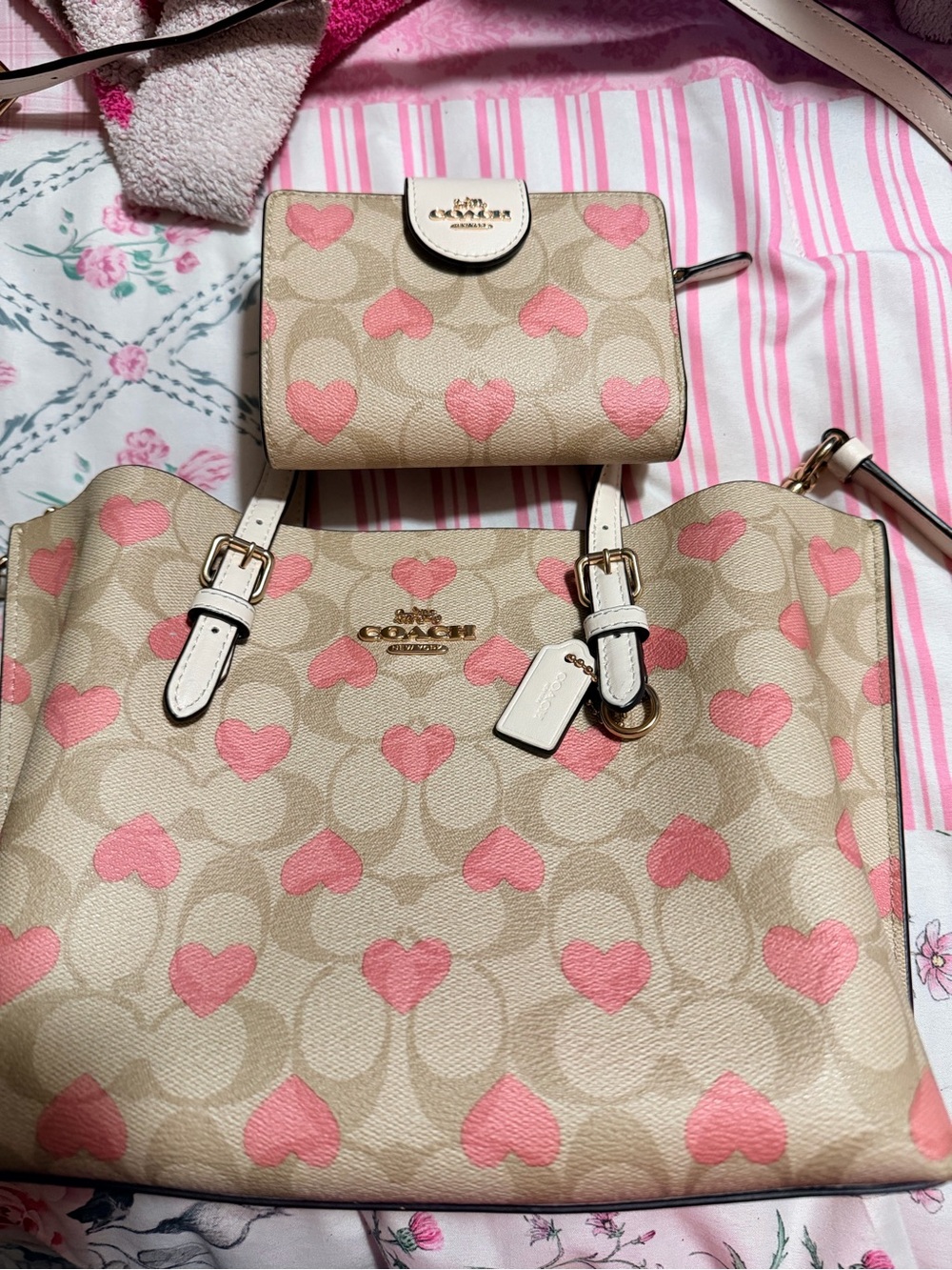 Coach Beige Tote with Pink Heart Print and Wallet